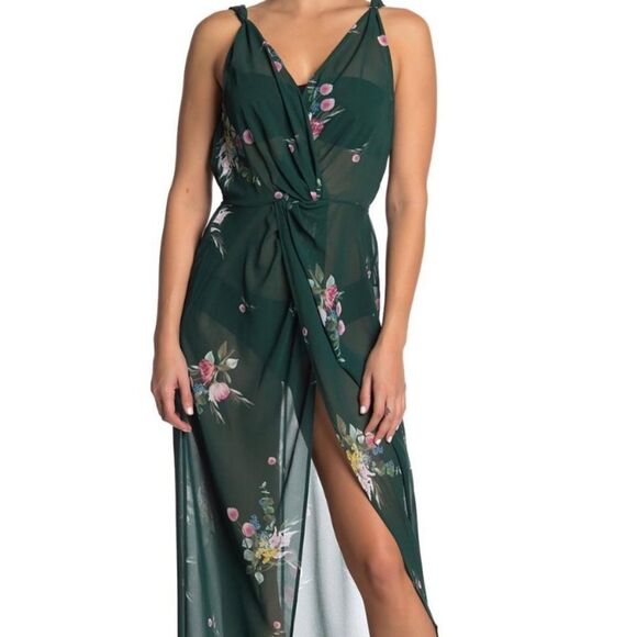 Ted Baker Green Floral Plunge Knot Twist Front Cover Up Beach Pool Dress Medium - Picture 1 of 6